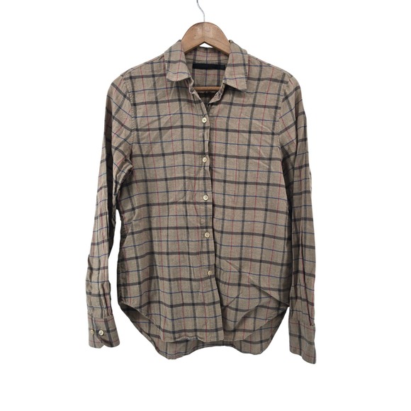 Jenni Kayne Plaid Button Down Shirt XS Beige Blue Cotton Boyfriend‎ Fit